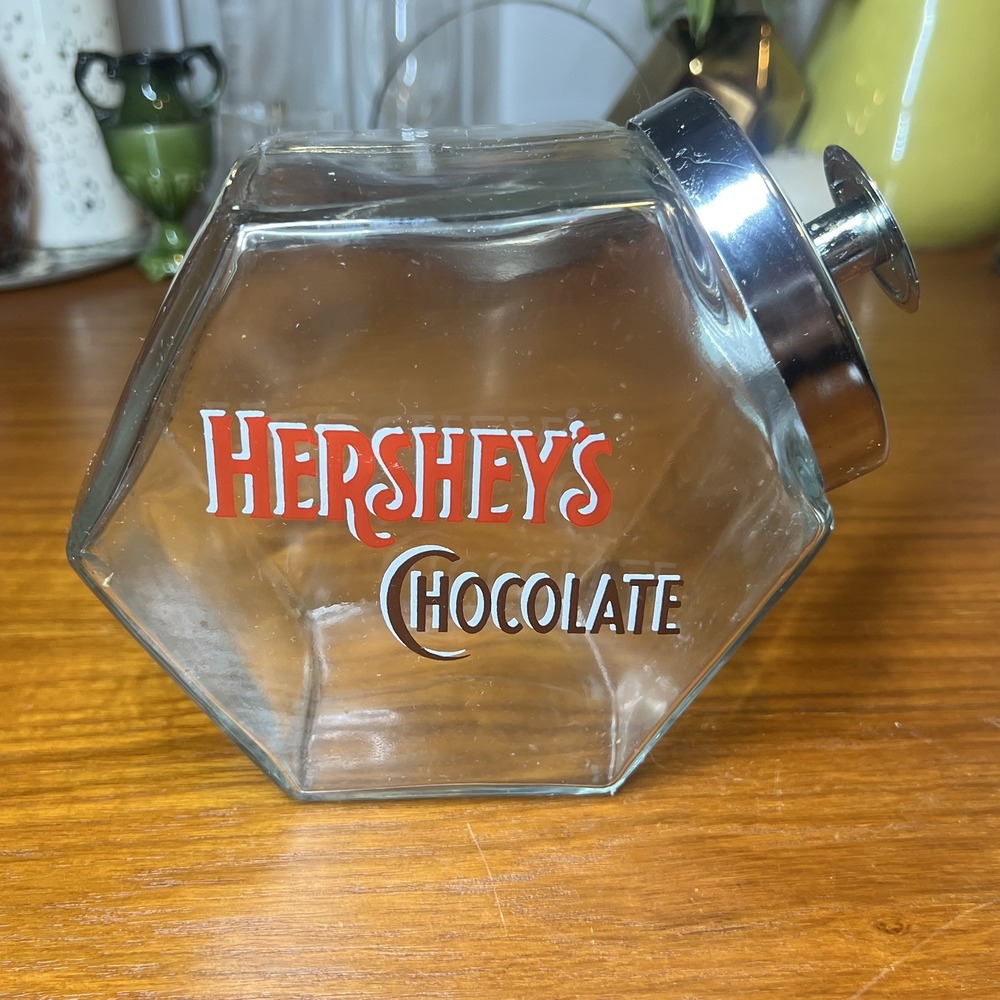 Vintage Hershey's Chocolate Hexagon Glass Candy Cookie Jar w/Chrome Lid